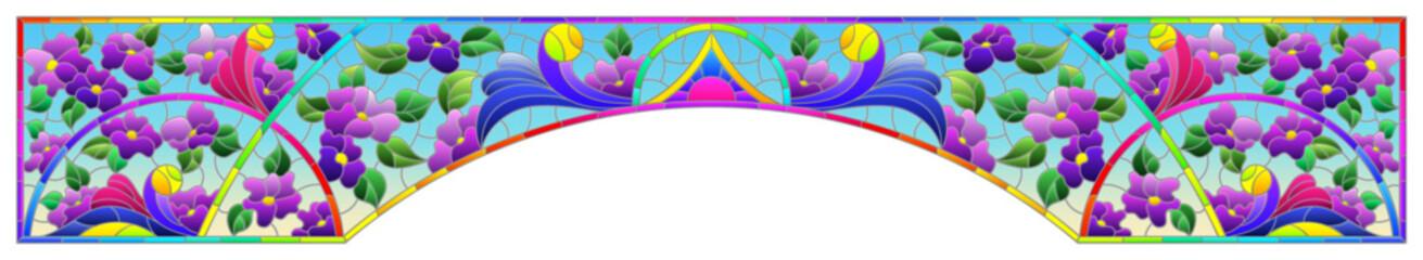 An illustration in the style of a stained glass window with a bright floral ornament, a horizontal image for an arch