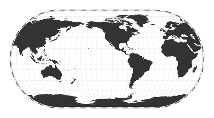Vector world map. Eckert III projection. Plan world geographical map with latitude/longitude lines. Centered to 120deg E longitude. Vector illustration.