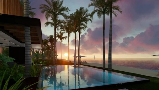 4K video rendering of modern cozy house with parking and pool for sale or rent with wood plank facade by the sea or ocean. Sunset evening by the coast with palm and flowers in tropical island Fly-walk