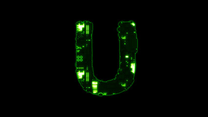 letter U, glowing hi-tech digital cyber punk green alphabet on black, isolated - object 3D illustration