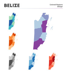 Belize map collection. Borders of Belize for your infographic. Colored country regions. Vector illustration.