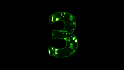 Obraz premium number 3, lighting high tech digital cyberpunk green font on black, isolated - object 3D rendering