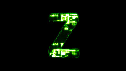 letter Z, shining hi-tech digital cyberpunk green alphabet on black, isolated - object 3D illustration