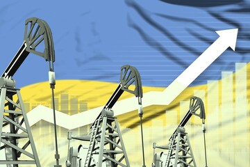 rising up chart on Ukraine flag background - industrial illustration of Ukraine oil industry or market concept. 3D Illustration