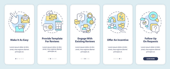 Encouraging clients to write reviews onboarding mobile app screen. Walkthrough 5 steps editable graphic instructions with linear concepts. UI, UX, GUI template. Myriad Pro-Bold, Regular fonts used