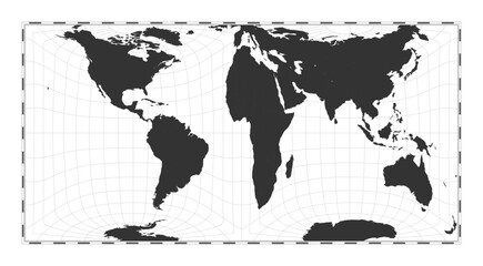Vector world map. Gringorten square equal-area projection. Plan world geographical map with latitude/longitude lines. Centered to 0deg longitude. Vector illustration.