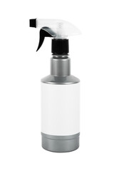 Silver grey spray bottle on white background. Sprayer with a blank white label.