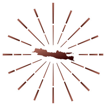 Java gradiented sunburst. Map of the island with colorful star rays. Java illustration in digital, technology, internet, network style. Vector illustration.