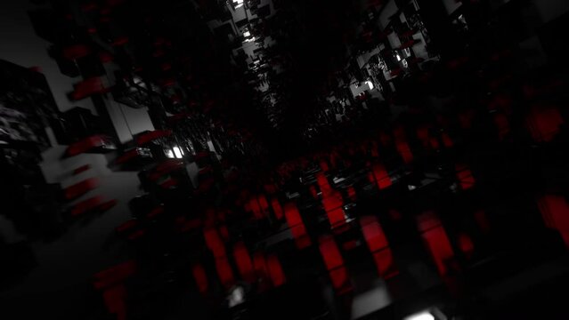 movement of the red columns to the beat of the music. Flashing red lines to the beat of the music. The camera moves through the tunnel. Fast blinking neon figures to the music. vj loop