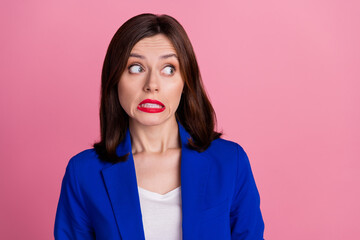 Close up photo of afraid scared depressed stressed lady look empty space feel uncomfortable noisy...