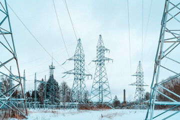 High voltage power lines in the winter