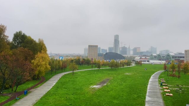 View over the Brussels skyline with the Tour and Taxis park in the foreground