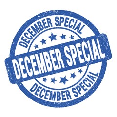 DECEMBER SPECIAL text written on blue round stamp sign.