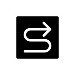 Right winding road arrow black glyph ui icon. Follow direction. Find route. User interface design. Silhouette symbol on white space. Solid pictogram for web, mobile. Isolated vector illustration