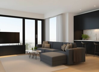Corner of modern living room with  white walls,comfortable sofa and coffee table. Kitchen in the background. 3d rendering