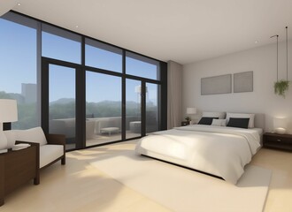 Corner of panoramic bedroom with white walls, concrete floor and comfortable king size bed. 3d rendering