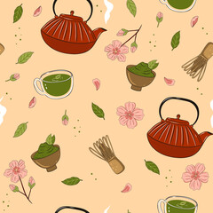 Seamless pattern with matcha tea and sakura flowers. Vector graphics.