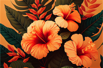 lush vegetation and hibiscus flower patter ideal for tropical and exotic backgrounds in orange hues