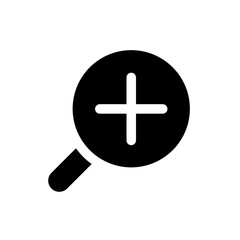 Fototapeta premium Magnifying glass with plus for map black glyph ui icon. Zoom in text. User interface design. Silhouette symbol on white space. Solid pictogram for web, mobile. Isolated vector illustration