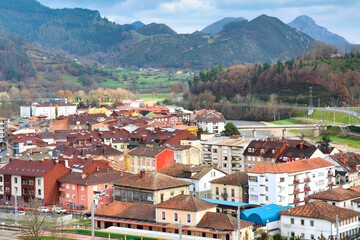 Fototapeta na wymiar Arriondas village, panoramic view, Parres municipality, Asturias, Spain