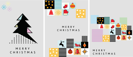 Set of greeting cards, posters, holiday covers of Merry Christmas. Modern and elegant with different style of elements. Vector Illustration.