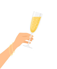Female hand holding glass of sparkling champagne isolated on white background. Vector illustration in flat style