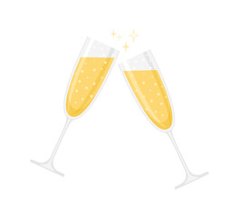 Two glasses of sparkling wine or champagne isolated on a white background. Vector illustration in flat style