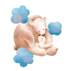 Вaby polar bear hug mom against the small clouds. Cute animal illustration in soft colors and hand drawn style isolated on white. Mother’s day greeting card.