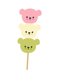 Sanshoku Dango (3 coloured dango). Pink, white and green dumpling on a stick in the shape of bear faces. Japanese traditional dessert. Hand-drawn colored flat vector illustration.