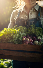 Fototapeta na wymiar Girl gardener holding a basket with a harvest of vegetables in her hands