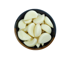 Garlics in black bowl top view isolated on transparent background with PNG.