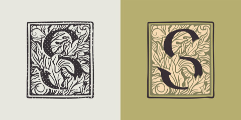 S letter drop cap logo in engraved medieval style.