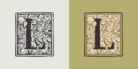 L letter drop cap logo in engraved medieval style.