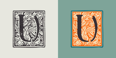 U letter drop cap logo in engraved medieval style. © kaer_fstock