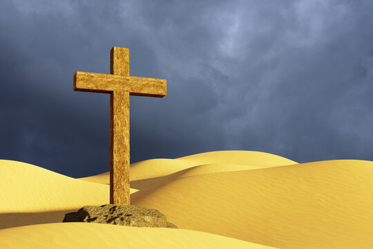 Ancient Christian cross on desert on darks clouds background. 3D Render