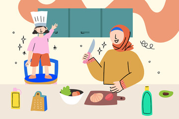 Mom Cooking in the kitchen with daughter