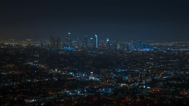 Timelapse of Los Angeles downtown at night. Big american city