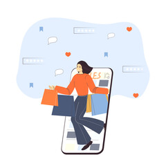 Online shopping concept, girl with shopping, phone, ratings, reviews, likes, chain stores, shopaholicism, flat isolated