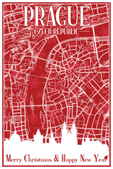 Red vintage hand-drawn Christmas postcard of the downtown PRAGUE, CZECH REPUBLIC with highlighted city skyline and lettering