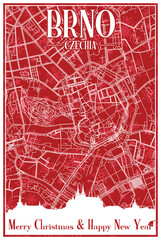Red vintage hand-drawn Christmas postcard of the downtown BRNO, CZECHIA with highlighted city skyline and lettering