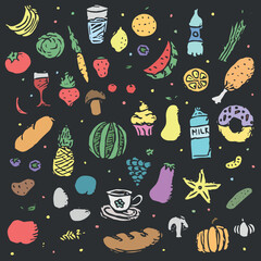 Doodle food icons. vector food background