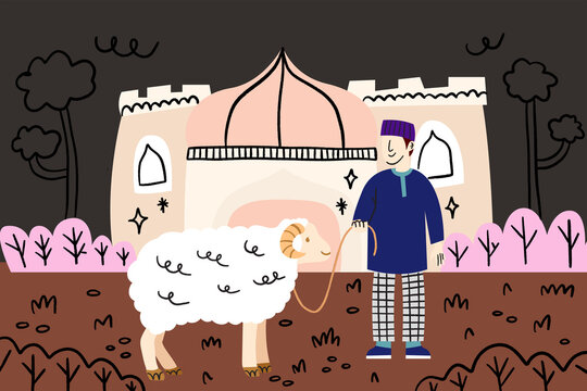 Asian man and animal for qurban Idul Adha