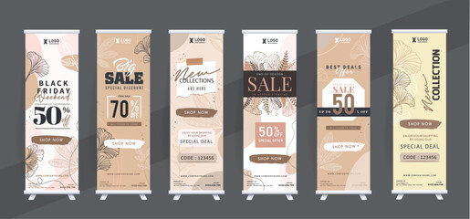 Earth tone, vintage business promotion rollup banner set, Editable vector mockup for stories, post, blog, or printing promotions. stand banner for business stall