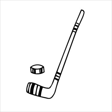 Hockey stick and puck set in doodle style. Winter sports. Vector graphics.
