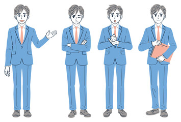 ビジネススーツの男性　表情ポーズの全身イラストセット（案内する　イライラする　気づく　納得）
