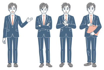 ビジネススーツの男性　表情ポーズの全身イラストセット（案内する　イライラする　気づく　納得）