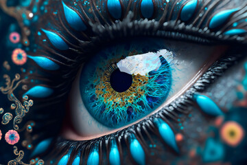 Blue human eye with makeup. Eye painting. Futuristic fantasy digital art, Image created with Generative AI technology. - obrazy, fototapety, plakaty