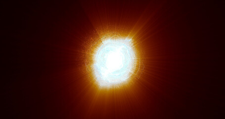 yellow fiery solar star energy sphere sphere with energy explosion in high-tech cosmos core. Abstract background
