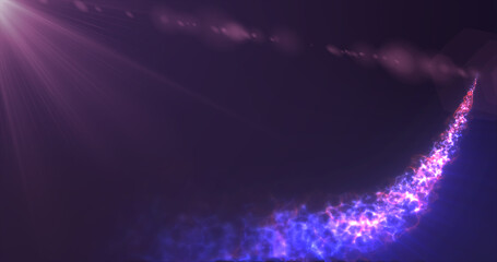 Abstract flying magical glowing line of energy purple particles in the rays of a brilliant sun on a dark background. Abstract background