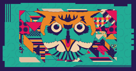 Fashion minimal illustration. Stylish owl and retro creative colors background